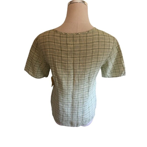 Flax Top Women's Size XS Green Plaid Line Short Sleeve Button Up Linen NEW - Picture 5 of 6